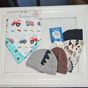NWT Le Bebe Tractor and Geometric Bandana Bibs and Gerber Beanie Hat Set